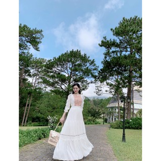 Đầm maxi trắng phối họa tiết thổ cẩm tay bèo sang trọng, maxi mới - Hình thật SP 100%