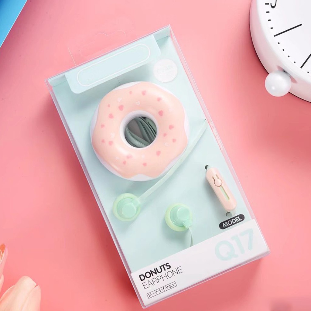 Tai Nghe Nhét Tai Có Dây 3.5mm Hình Bánh Donut Nhiều Màu Sắc Dễ Thương Kèm Hộp Đựng