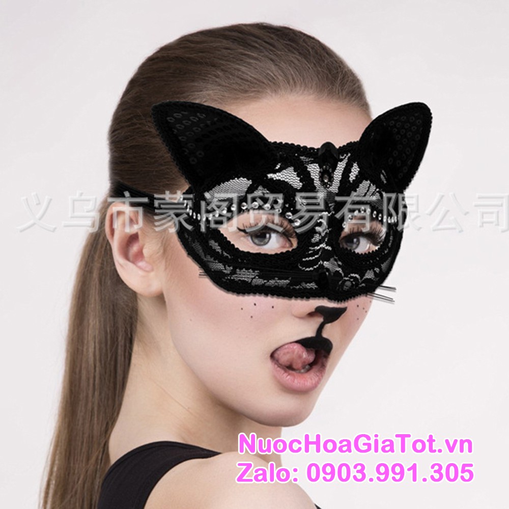 Mặt nạ mèo đen đính hạt vải satin đen sang trọng phụ hiện hóa trang Halloween 2020