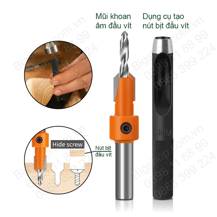 Mũi khoan âm đầu mũ vít D8mm và dụng cụ tạo nút bịt tiện dụng