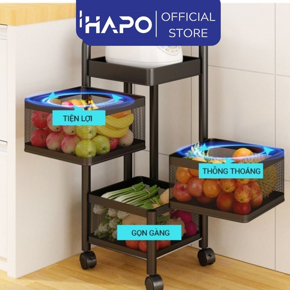 Kệ đựng đồ rổ vuông 3 tầng đa năng, Giá đựng đồ có bánh xe di chuyển, kệ xoay 360 để đồ phù hợp mọi không gian