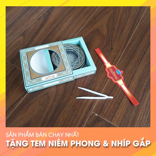 7.5*2cm-Trọn bộ hộp thiếc và giấy xanh ngọc đựng saffron tặng tem và nhíp 1-2gr