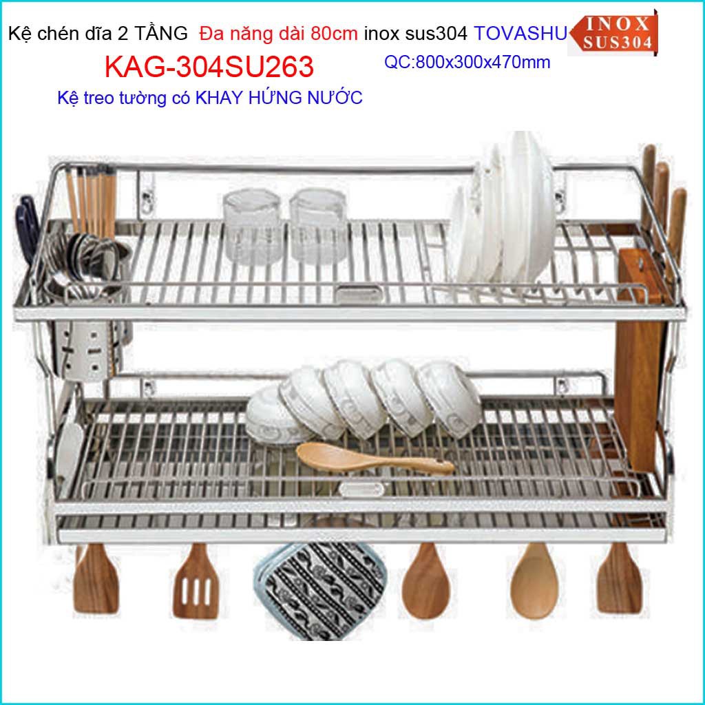 Kệ đựng chén bát Inox Tovashu KAG-304SU263, 2 tầng inox 304 Nhật Bản 80cm có khay hứng nước