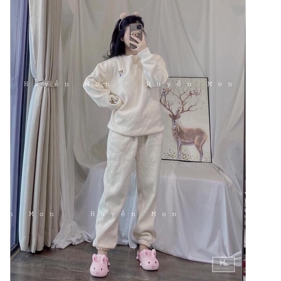 Bộ nỉ nữ thu đông Ess cao cấp Set bộ quần chun ống bo gấu kèm áo sweater in hình đẹp phong cách đường phố ulzzang Ailee
