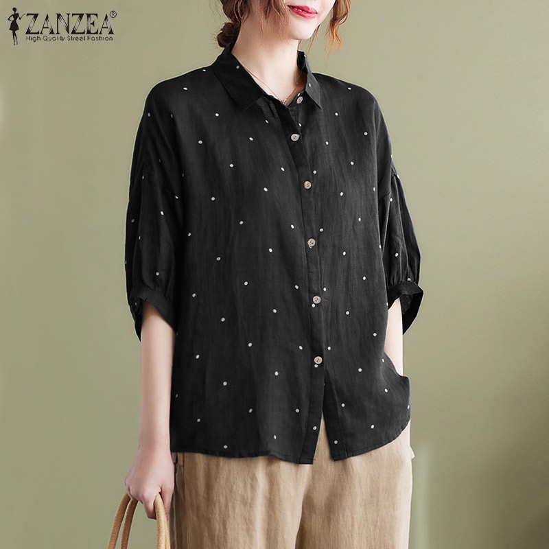 Áo sơ mi Zanzea tay ngắn cổ bẻ họa tiết chấm bi phong cách vintage dành cho nữ