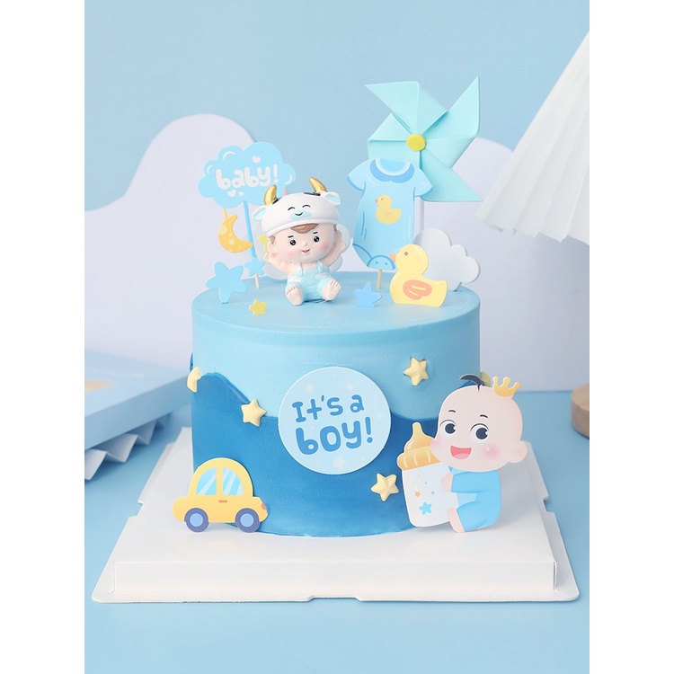 Set que cắm em bé ôm bình sữa xanh baby_Phụ kiện trang trí bánh