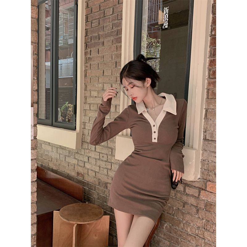 COZOK Đầm Tay Dài Cổ Polo Dáng Ôm Phối Màu Tương Phản Quyến Rũ