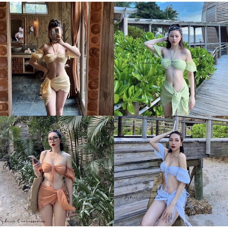 [KIỂU MỚI HOT] Bikini 2 mảnh bèo trễ vai kèm khăn choàng nhiều màu