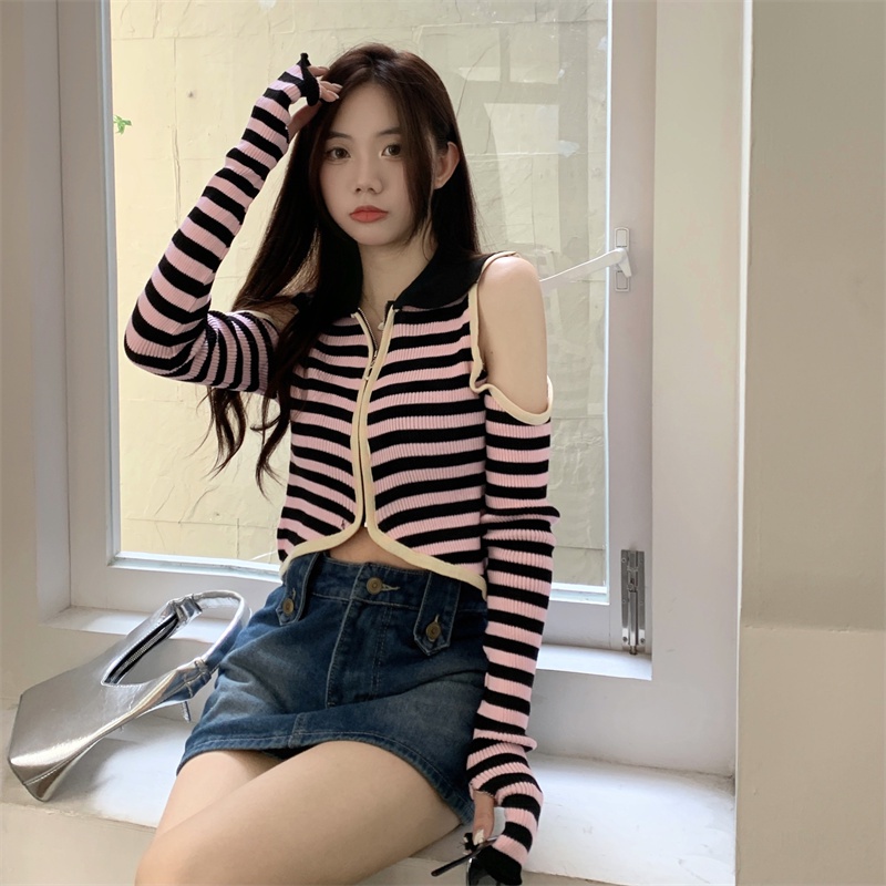 SUXI Áo Dệt Kim Tay Dài Trễ Vai Cổ Bẻ Hoạ Tiết Kẻ Sọc Phong Cách Vintage