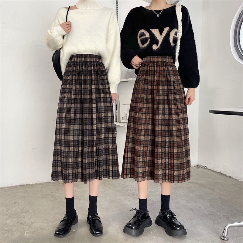 Chân Váy midi Dáng Rộng Họa Tiết Kẻ Sọc Phong Cách Hàn Quốc Cổ Điển Thời Trang Mùa Thu Mới