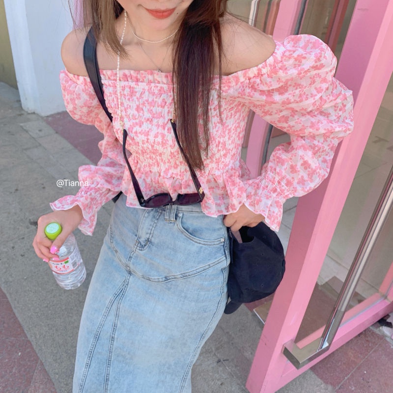 Pink Floral Chiffon Shirt Pleated Short Shoulder Top with Wooden Ears