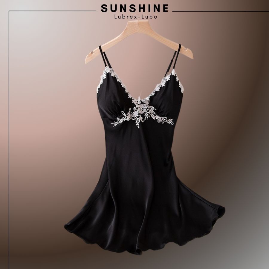 Váy Ngủ Lụa Sexy 2 Dây Satin Phối Ren Có Mút Ngực Quyến Rũ Gợi Cảm Màu Đen - SUNSHINE LUBREXLUBO -VL165