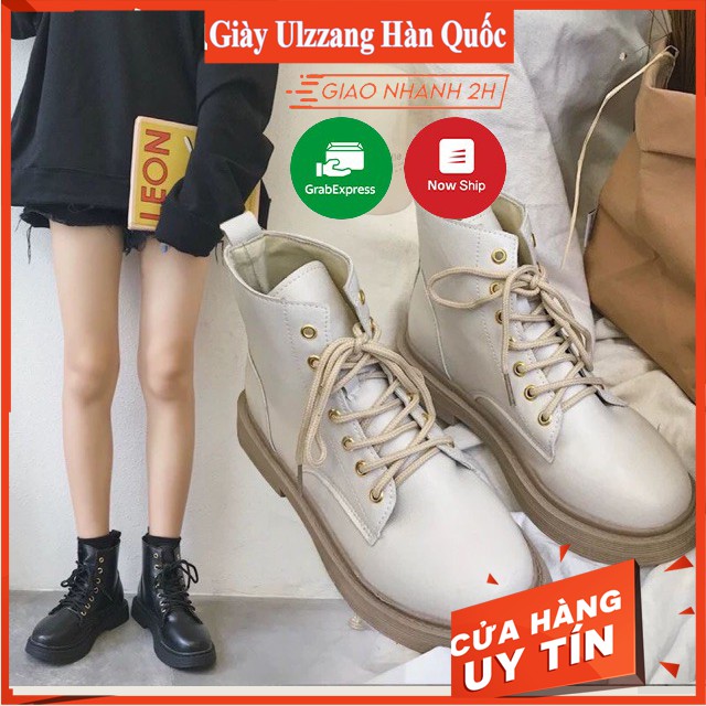 Giày bốt da mềm nữ ulzzang cao cổ 2 màu đen và be gót vuông