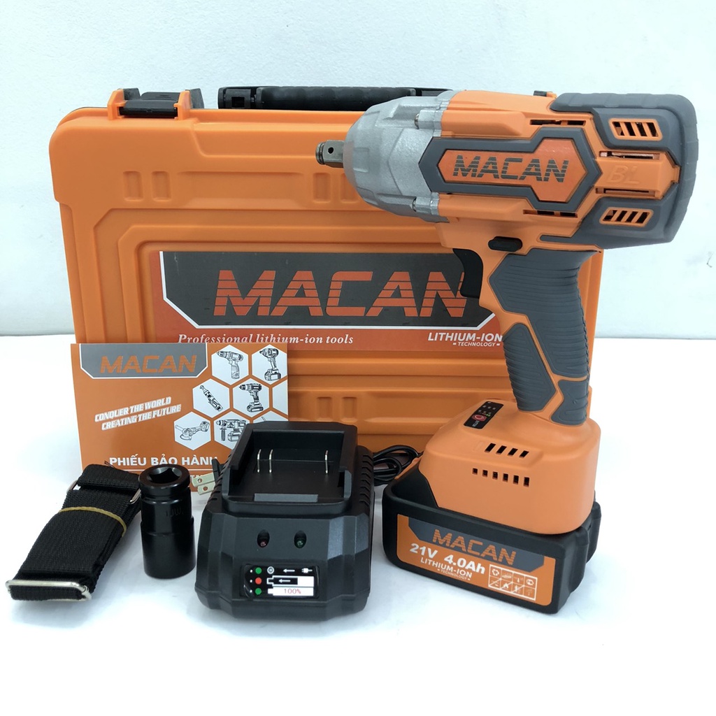 Máy Siết Bulong MACAN 98Vf Lực Siết Khủng 980Nm, 2 Pin, Động Cơ Không Chổi Than, Tặng Phụ Kiện Như Hình