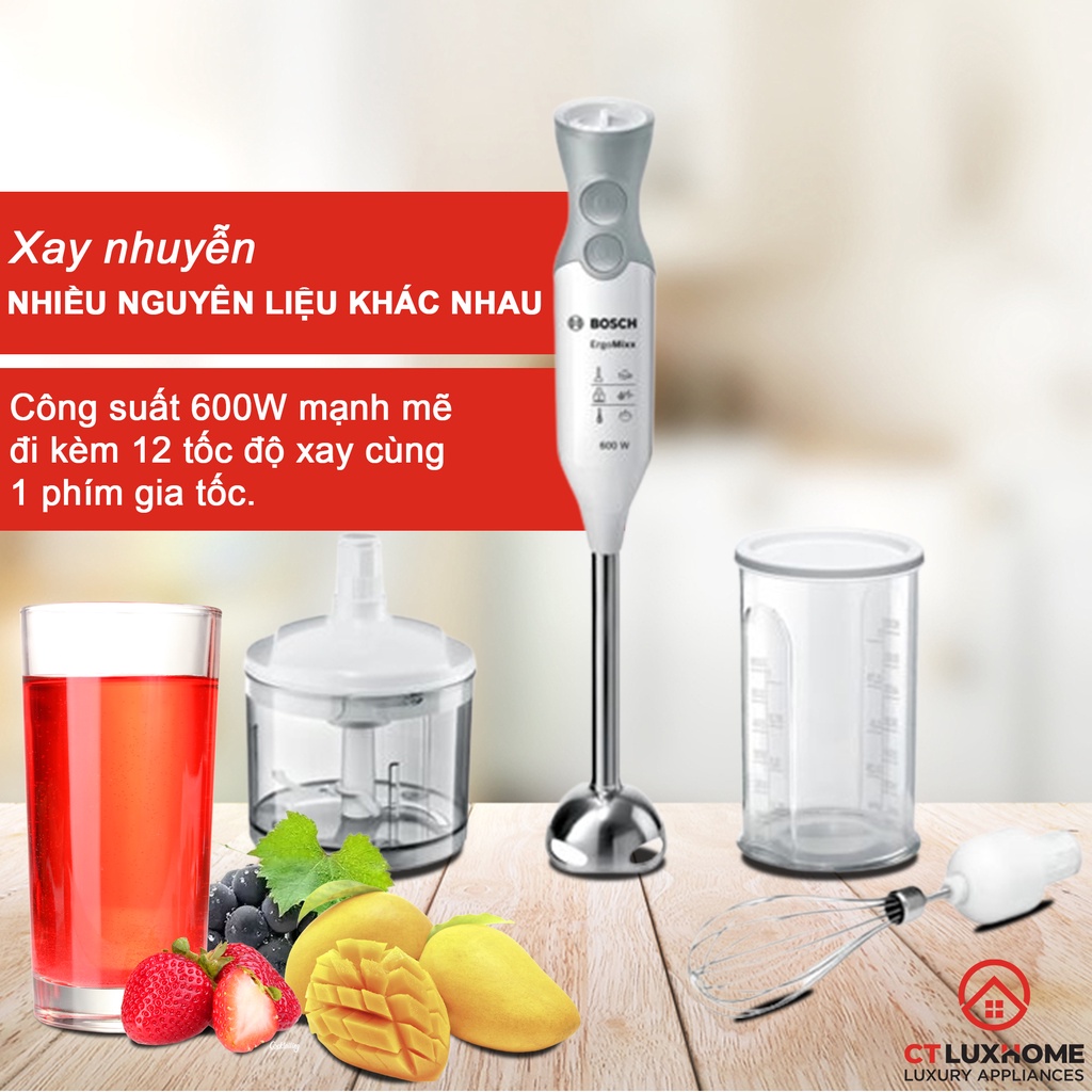 Máy xay thực phẩm cầm tay Bosch MSM66150 12 cấp tốc độ, 600W, 220V, 50/60Hz, Kèm cây đánh trứng