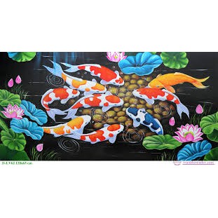 [ Sale sốc] Tranh đính đá cửu ngư quần hội cá chép hoa sen 120x65cm