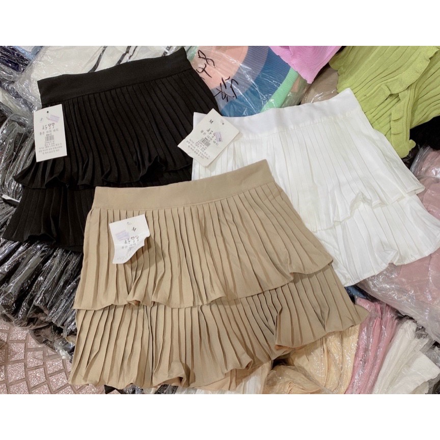 Chân váy xếp ly ngắn 2 tầng xòe kèm quần bên trong hàng Quảng Châu màu trắng đen nâu