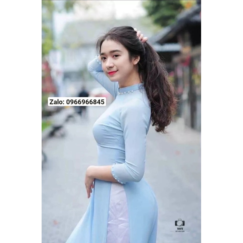 Áo dài trơn màu xanh 4 tà_Áo Dài Đan Linh