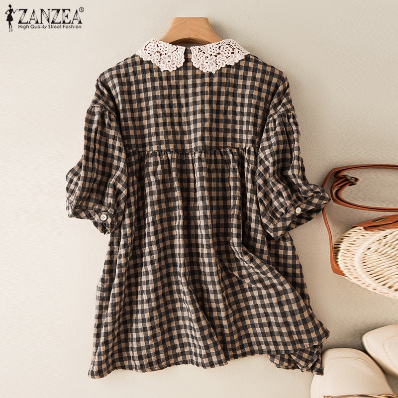 Áo sơ mi ZANZEA tay ngắn phối ren họa tiết sọc caro thời trang cho nữ