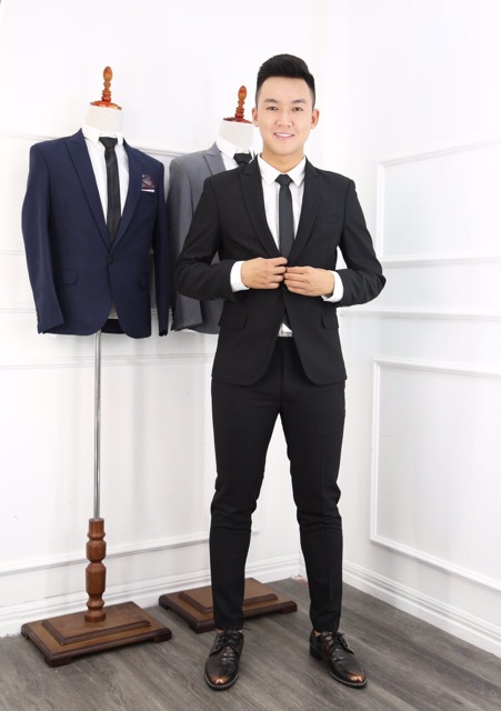 [GIÁ LỖ] Xả kho BỘ vest gồm áo vest + quần + sơ mi + tặng cavat. Có 2 màu đen và xanh than