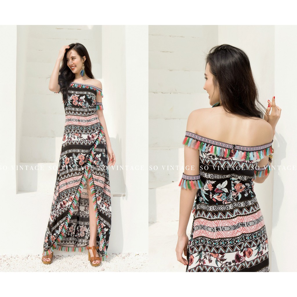 SÒ VINTAGE - LORA Đầm bẹt vai phối thổ cẩm | BigBuy360 - bigbuy360.vn