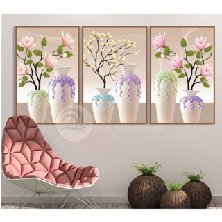 Bộ 3 tranh đính đá Ngọc lan hồng