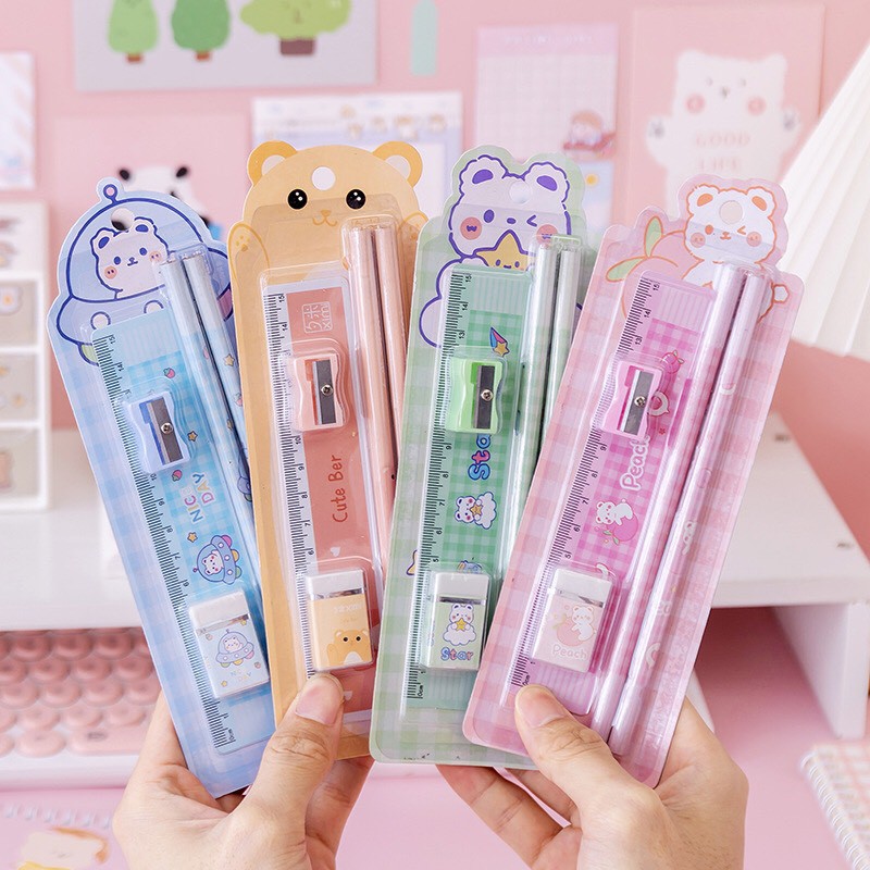 [4 IN 1] Set bộ 2 bút chì + thước kẻ + tẩy + gọt bút siêu tiện lợi