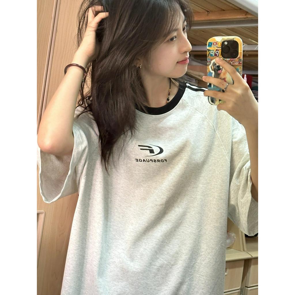 Ethelgirl Áo Thun unisex Dáng Rộng Tay Cộc In Họa Tiết Cổ Điển Phong Cách Hàn Quốc