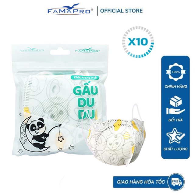 [COMBO 10 túi] Khẩu trang y tế  trẻ em kháng khuẩn 3 lớp Famapro Kids Gấu DuDu (10 cái/túi)