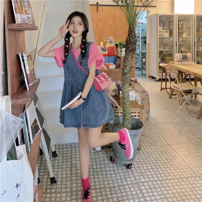 Váy Yếm Jean Nữ Màu Xanh, Đầm Yếm Bò Dáng Baby Doll Xoè Sát Nách Cổ V Cài Cúc Loại 1 Năng Động Phong Cách Hàn Quốc
