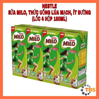 [NESTLE-SỮA MILO] SỮA MILO, THỨC UỐNG LÚA MẠCH UỐNG LIỀN NESTLE, LỐC 4 HỘP ÍT ĐƯỜNG 180ML