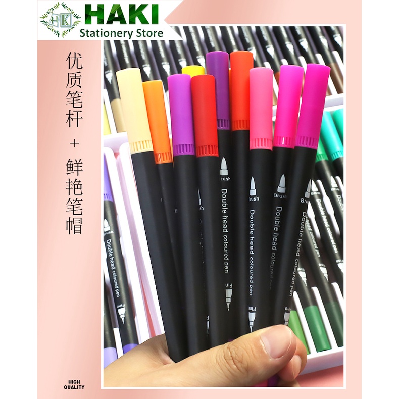 Bút brush 2 đầu bộ 12 cây viết calligraphy HAKI, bút dạ màu marker trang trí sổ bullet journal văn phòng phẩm B48