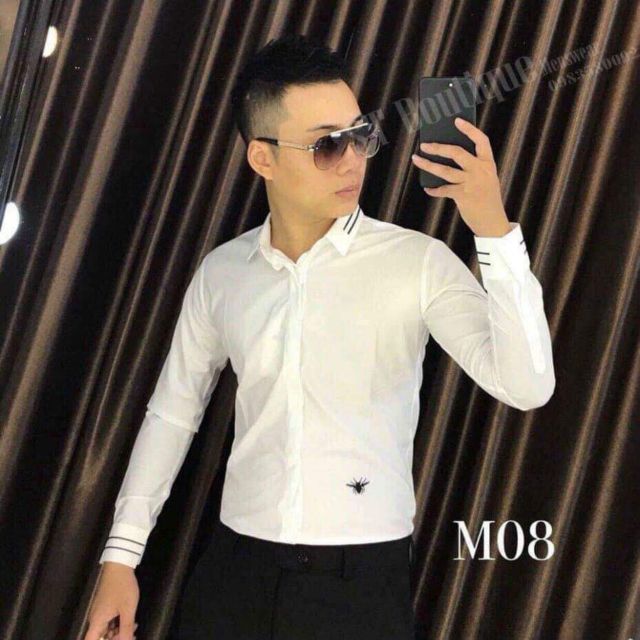 Áo sơ mi nam trắng trơn viền cổ, viền tay thêu hình nhện cá tính