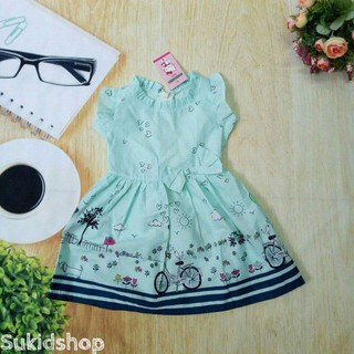 Váy đầm vải thô bé gái in hình cực xinh màu xanh