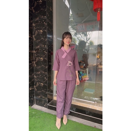 set đồ lam đi chùa một nút thêu, thời trang nữ phật tử