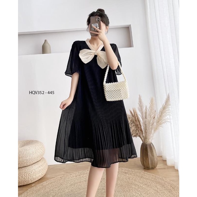 Váy Bầu Đầm Bầu Thiết Kế Chất Voan 2 Lớp Xếp Li, Dáng Suông, Có Nơ Ngực Xinh Xắn Dễ Thương A117 Lin Store66