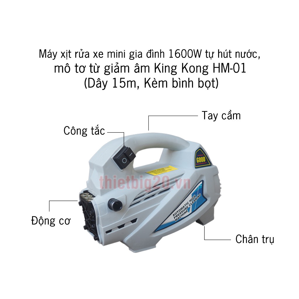 MÁY XỊT RỬA XE MINI GIA ĐÌNH 1600W TỰ HÚT NƯỚC, MÔ TƠ TỪ GIẢM ÂM KING KONG HM-01 (DÂY 15M, KÈM BÌNH BỌT)