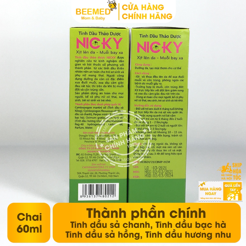 Xịt đuổi muỗi Nicky từ thảo dược, cho bé từ sơ sinh, chống muỗi đốt, làm dịu da chai 60ml từ bạc hà, sả chanh