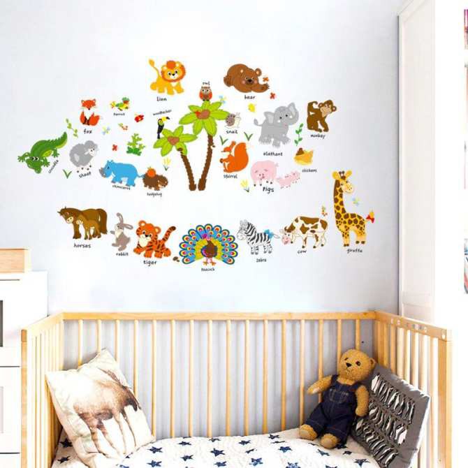 Decal dán tường cho bé học tiếng anh các loài thú SK9296 kiddecals