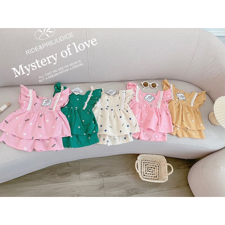 Bộ Quần Áo Trẻ Em 3 Lỗ Cánh Tiên Vải Linen In Hình Hoa Cúc Cho Bé Gái Từ 7-19kg Mã BL32