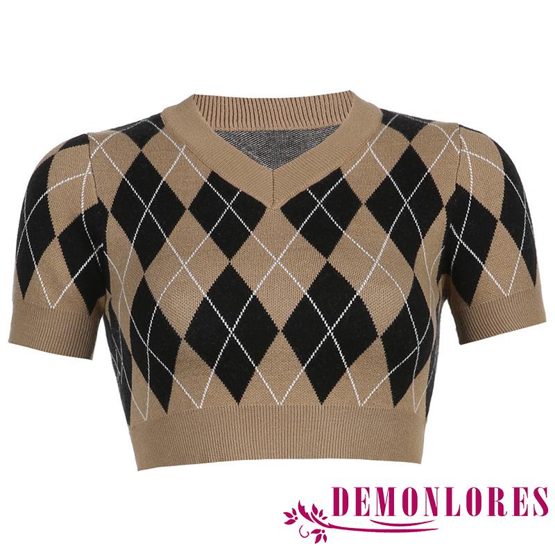 Áo croptop dệt kim tay ngắn cổ chữ V họa tiết hình thoi thời trang cho nữ