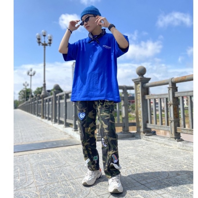 Cargo Pants Camo Gắn Stickers Unisex - Quần Hoạ Tiết Camo Xanh