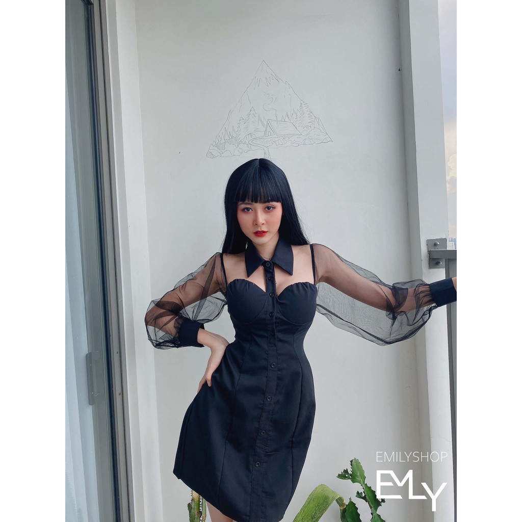 Đầm đen nữ Emilyshop dáng chữ a tay lưới