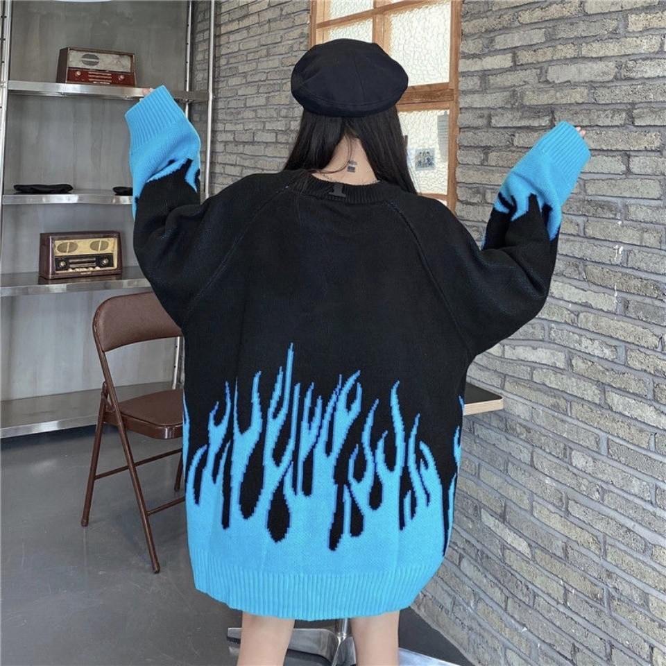 Áo sweater Dệt Kim Dày Dặn Phối Màu Ngọn Lửa Phong Cách Hàn Quốc Thời Trang Thu Đông Cho Nữ