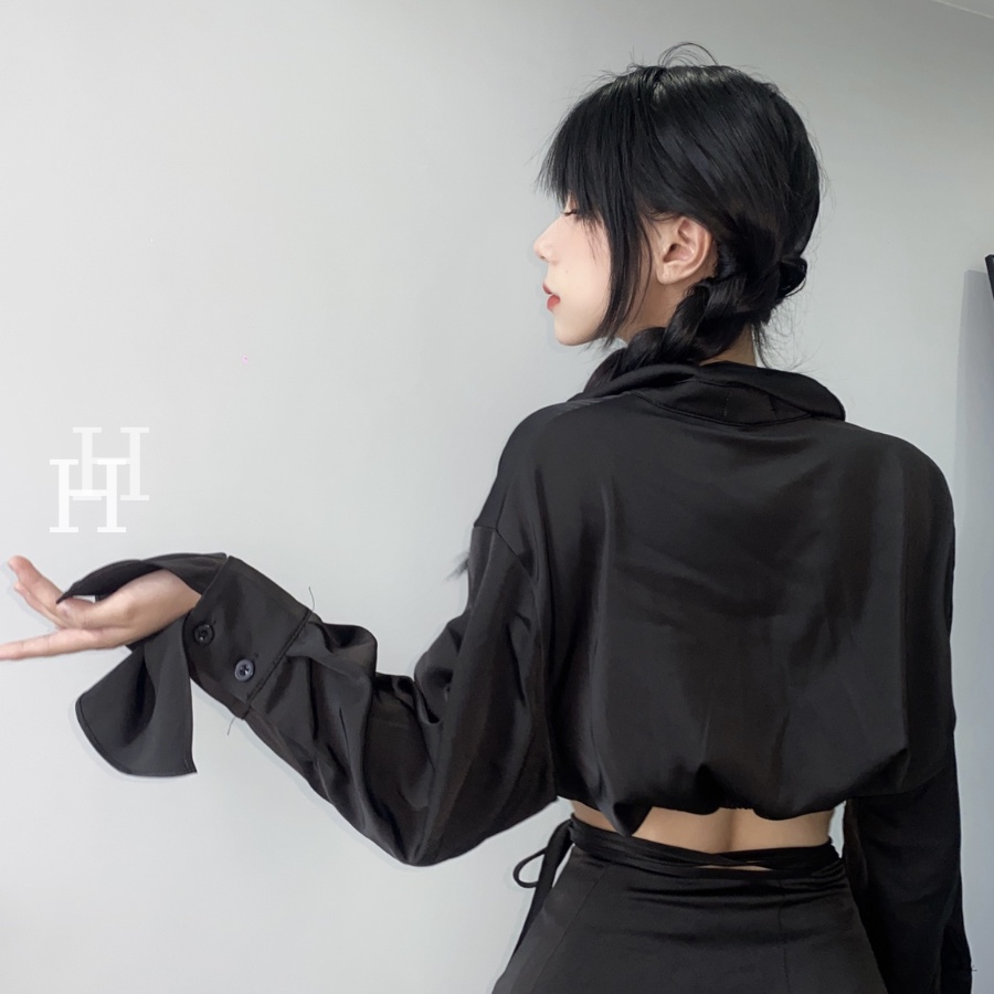 Set chân váy cột dây &amp; áo sơ mi croptop tay dài HS128 Hỉn Hỉn Store