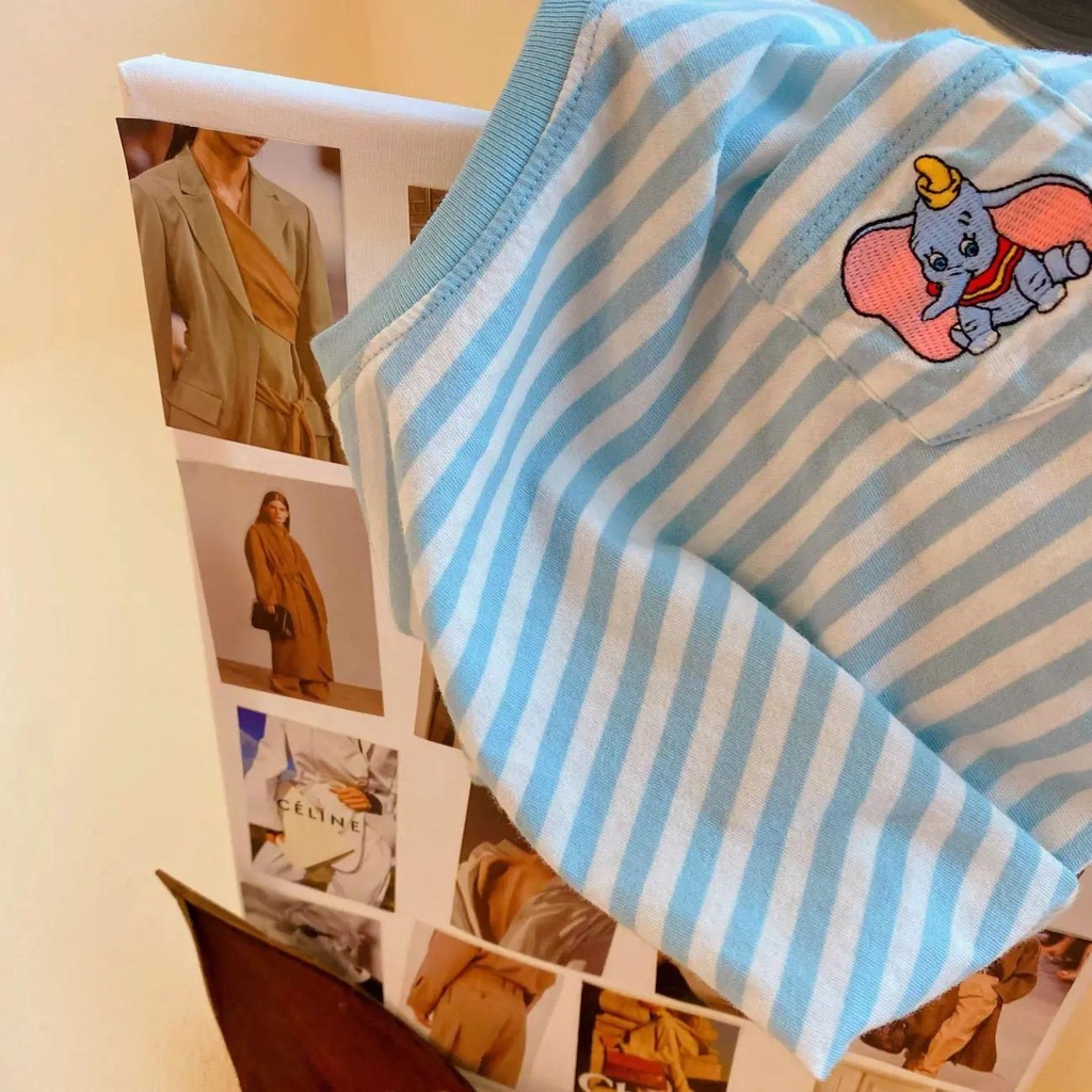 Áo Thun Cotton Tay Ngắn Kẻ Sọc In Họa Tiết Hoạt Hình Phong Cách Hàn Quốc Cho Bé