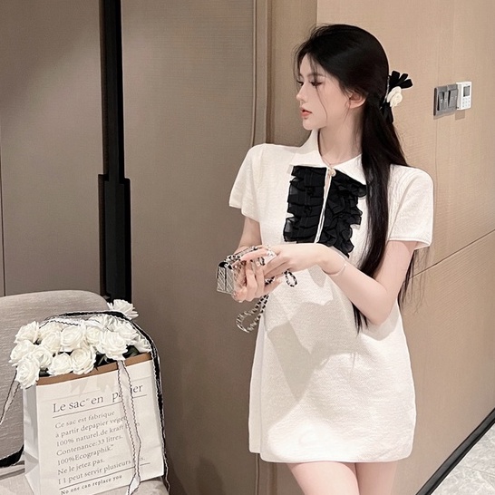 Đầm Dệt Kim Tay Ngắn Màu Trắng Thời Trang Mùa Hè Phong Cách Hàn Quốc Cho Nữ
