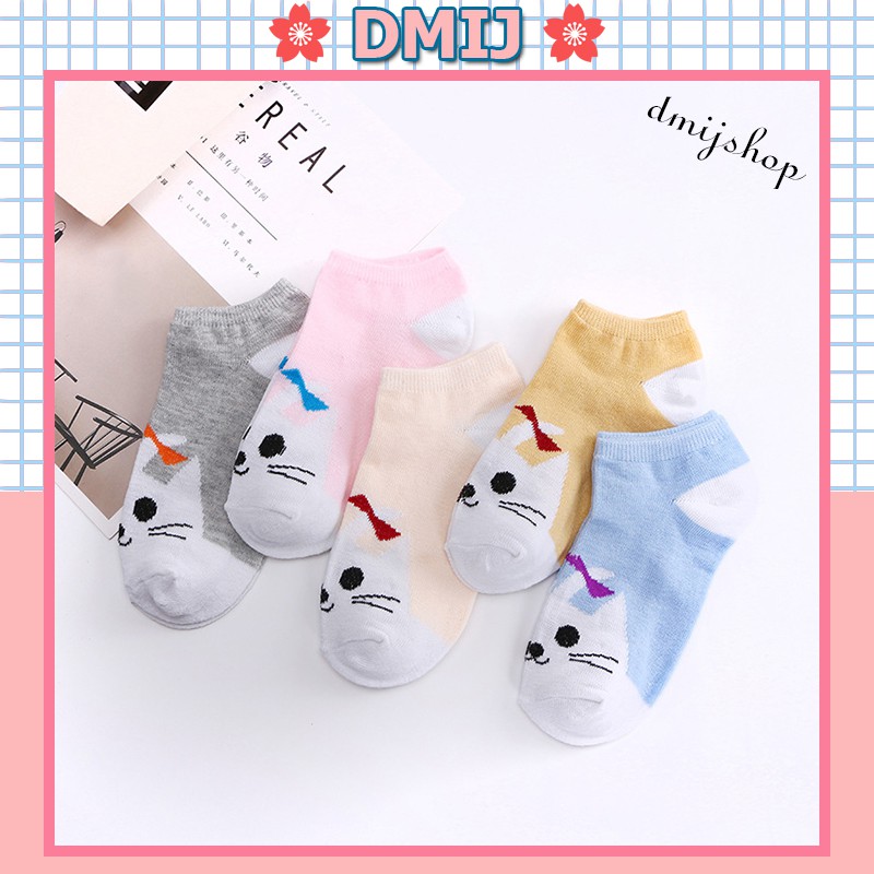 Set 5 đôi tất nữ cổ thấp nhiều màu vớ nữ cổ thấp hình mèo có ria T38