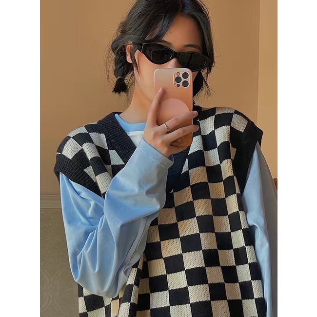 Áo len gile kẻ caro [SẴN ĐEN] | BigBuy360 - bigbuy360.vn