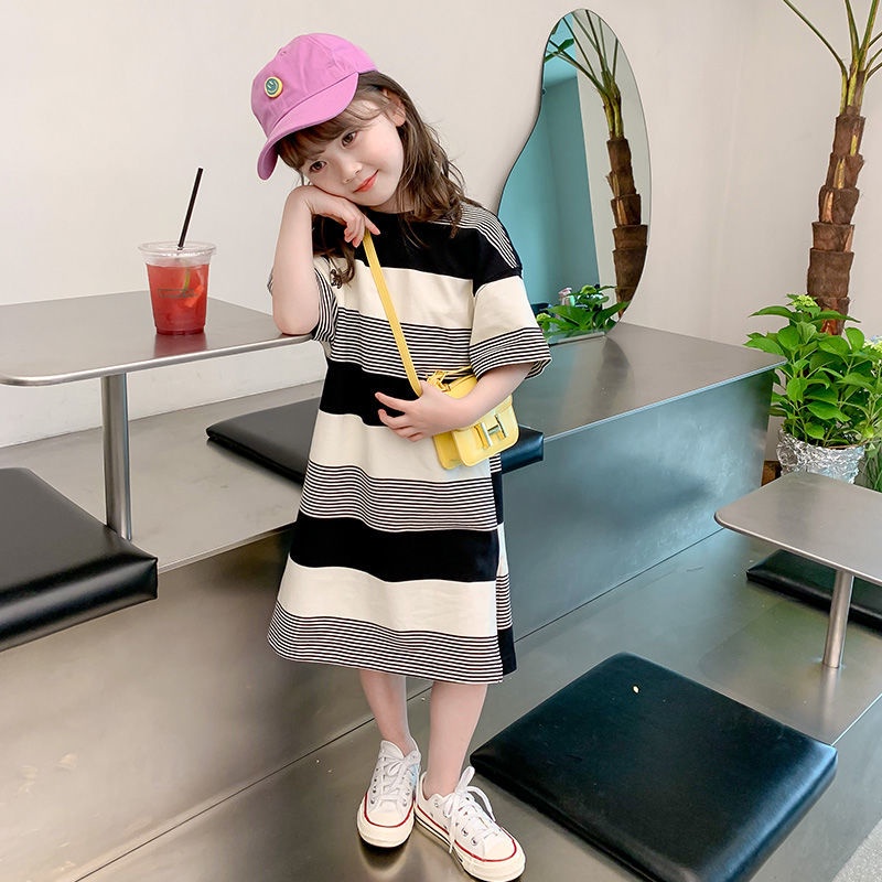 Đầm Thun Tay Ngắn Họa Tiết Kẻ Sọc Phong Cách Hàn Quốc Thời Trang Mùa Hè Xinh Xắn Cho Bé Gái